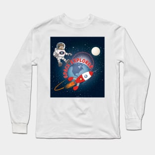 Illustration of a happy space explorer astronaut boy against a starry sky Long Sleeve T-Shirt